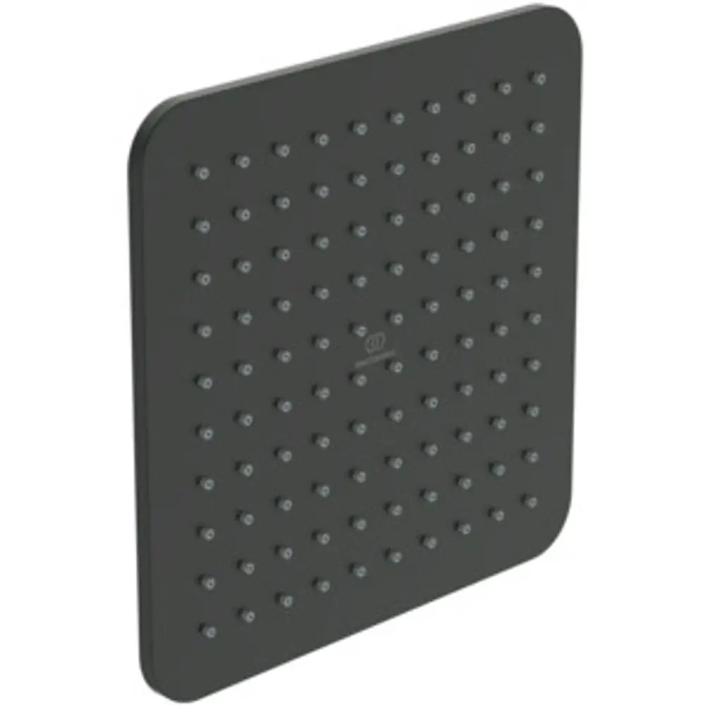 Schwarze Regenbrause mit gleichmäßiger Düsenanordnung, von Ideal Standard, in quadratischer Form. Oberfläche mit vielen kleinen, runden Düsen.